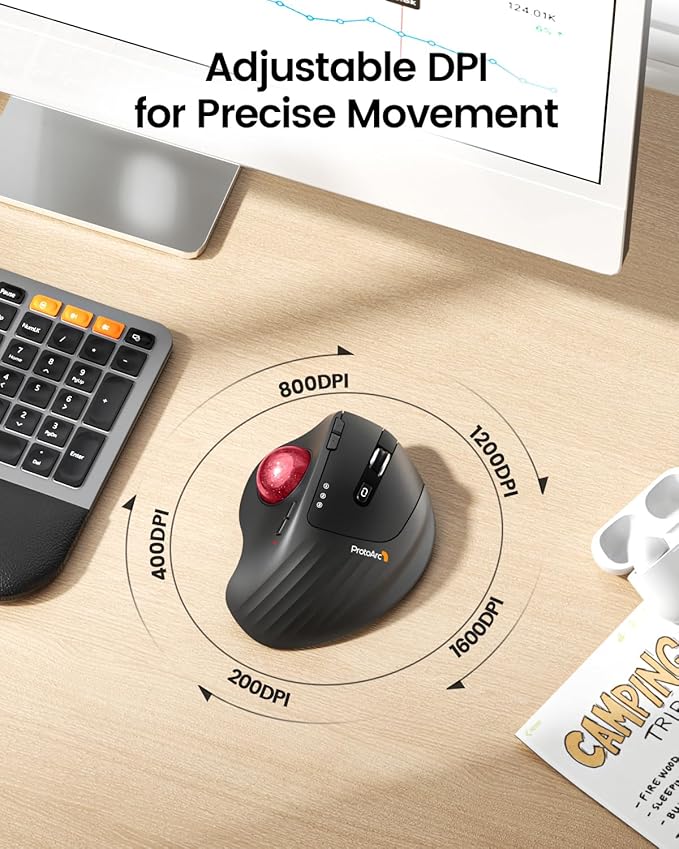 ProtoArc Wireless Trackball Mouse, EM01 NL Ergonomic Bluetooth Rollerball Thumb Rechargeable Computer Laptop Mouse, Adjustable Angle & 3 Device Connection for PC, Mac, Windows-Red Ball