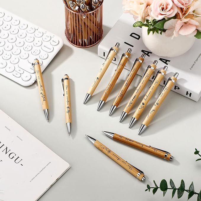 30 Pcs Inspirational Bamboo Pens Flower Ballpoint Pens Bulk with Black Ink Employee Appreciation Thank You Gift for Women Men Coworker Staff Christmas School Office Party Favors Supplies