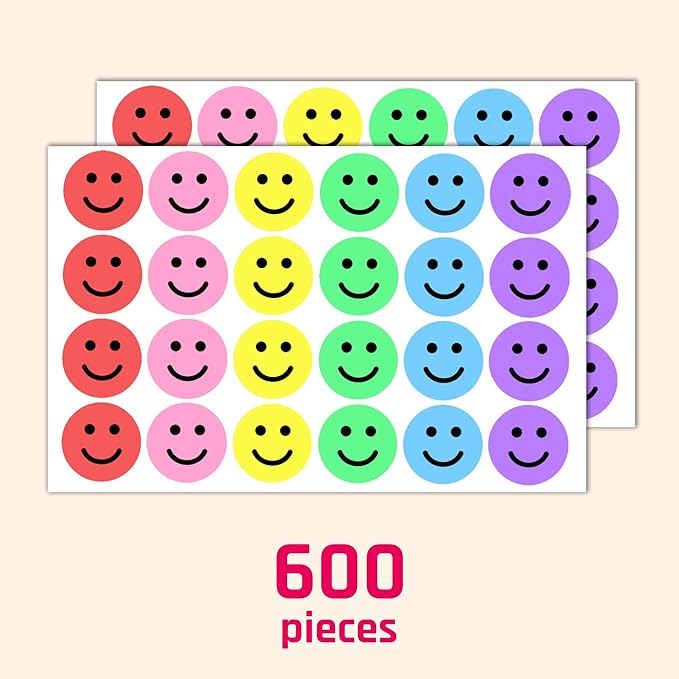 600 Pieces, 1 inch - Smiling Happy Smile Face Stickers for Reward - 6 Colors