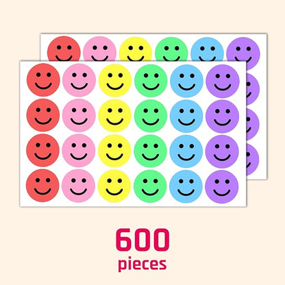 600 Pieces, 1 inch - Smiling Happy Smile Face Stickers for Reward - 6 Colors