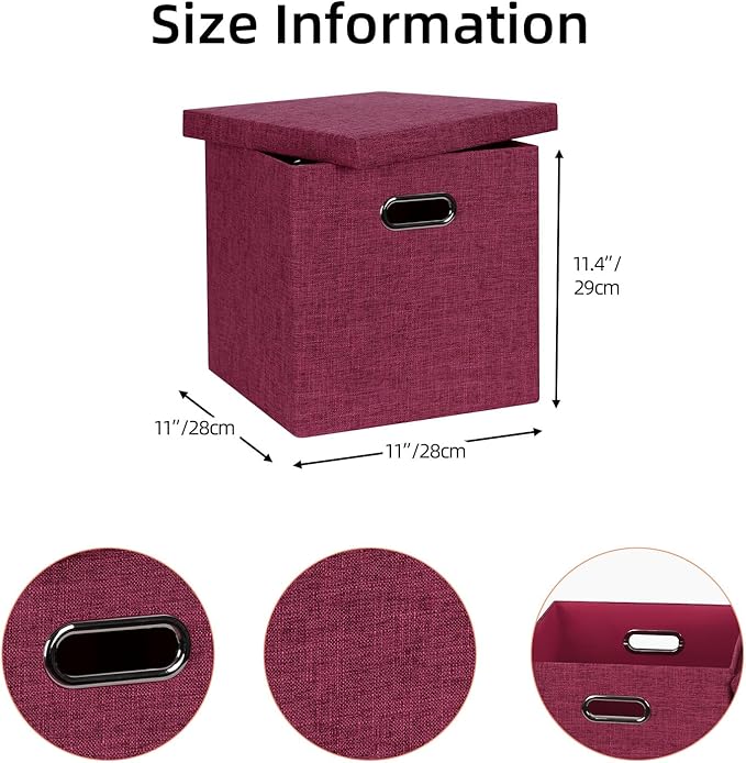 Storage Bins with Lids, Collapsible Linen Fabric Boxes Organizer Containers with Lid Foldable Storage Box Basket for Closet, Shelves, Home, Office, 11 x 11 x 11.4 Inch, 4 Pack, Red
