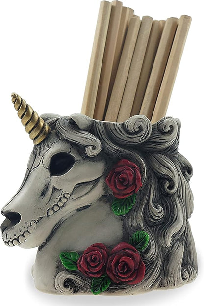 Gothic Unicorn Skull Makeup Brush/Pen Holder-Unicorn Gift for Women Adults Halloween Decor Day Dead Inspired Goth Accessory for Home