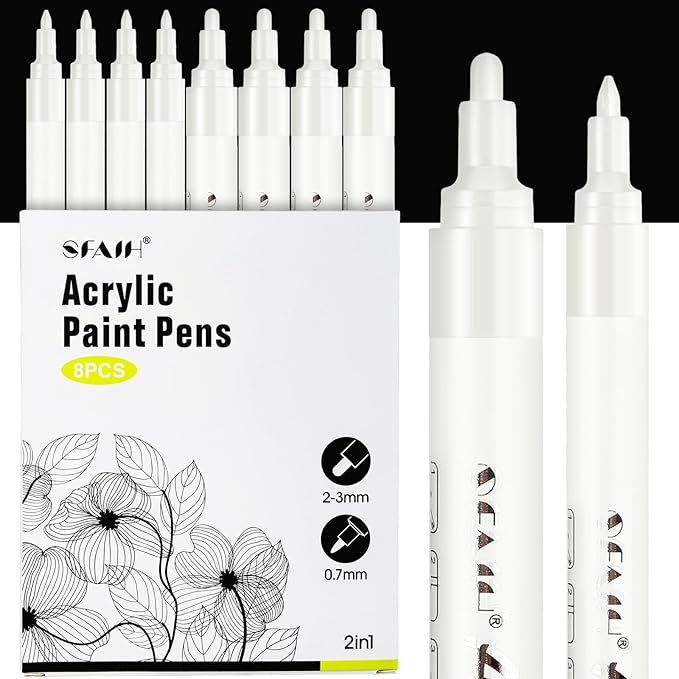 SFAIH Acrylic White Paint Pens - 8 Pack 2-3MM Medium Tip & 0.7MM Extra Fine Paint Marker for Rock Painting, Wood, Metal, Fabric, Plastic, Canvas, Glass, Ceramic, Diy Crafts, White Out Pen