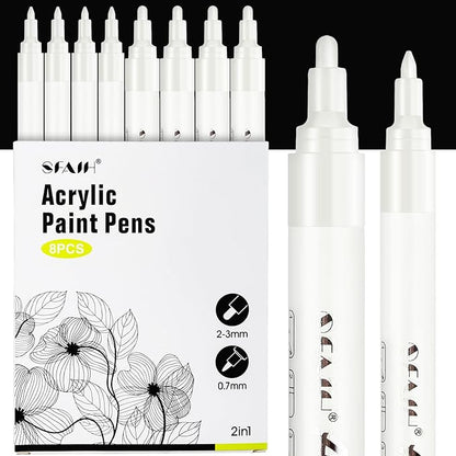 SFAIH Acrylic White Paint Pens - 8 Pack 2-3MM Medium Tip & 0.7MM Extra Fine Paint Marker for Rock Painting, Wood, Metal, Fabric, Plastic, Canvas, Glass, Ceramic, Diy Crafts, White Out Pen