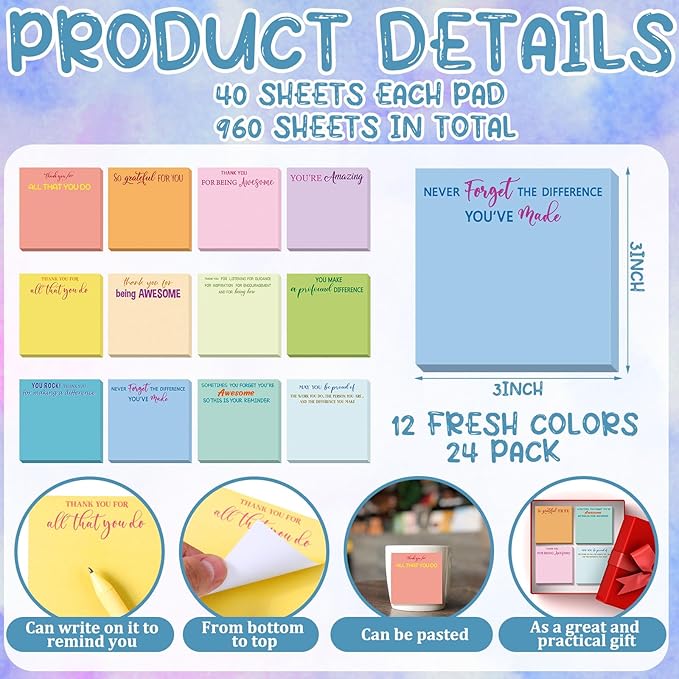 Yinder 12 Pcs Employee Appreciation Sticky Notes Xmas Gift Bulk Motivation Note Pads Mini Inspirational Note Gift for Teacher Nurse Staff Coworker Office Supply 3 x 3'' (Appreciation,Multicolor)