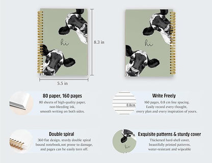 Cow Notebook Journal,Green Cute Animal Notebook Journal for School Women Teen Girls Kids,Gifts for Cow Lovers,Hardcover Spiral Notebooks for Work Notes Journaling,5.5x8.3 Inch