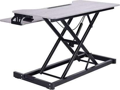 Rocelco Standing Desk Converter with Dual Monitor Mount - 31.5 Inch Sit Stand Up Tabletop Riser with Tablet Holder, Height Adjustable Workstation - Deep Keyboard Tray for Laptop - Gray (R VADRG-DM2)