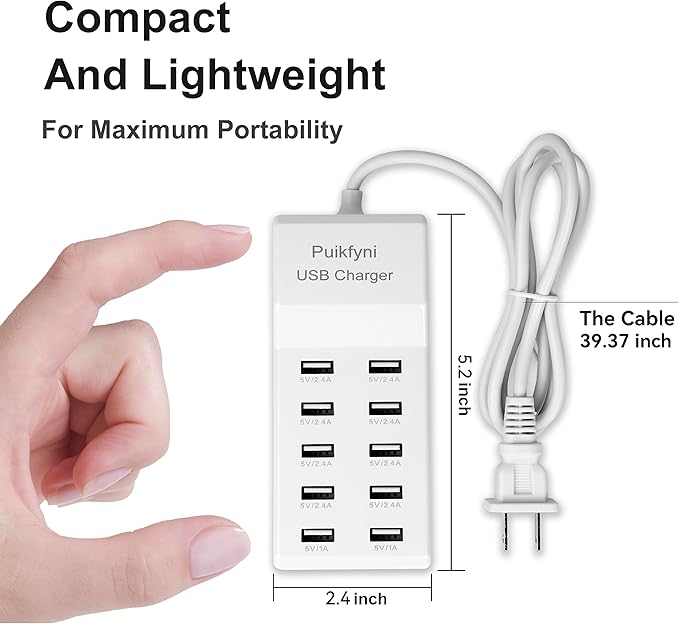 10-Port USB Charger Station, Smart Multiple Charging Block/USB Power Strip for Multiple Devices,Mobile Phones and iPads,Smart Watches Tablets (White)