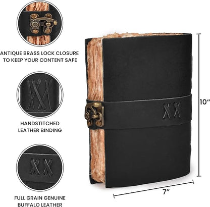 LEATHER VILLAGE Leather Bound Vintage Journal for Women & Men - Book of Shadows - Lock Closure - 200 Pages of Antique Deckle Edges Handmade Paper - Rustic Black Color - 10 X 7 inches