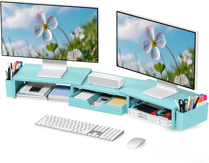 Desk Organizers and Accessories, Dual Monitor Stand Riser with Drawer and 2 Pen Holders, Desk Shelf Metal Computer Monitor Stand for Office Workspace Organizers, Desktop Organization (Blue)