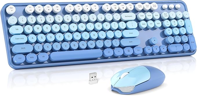 Wireless Keyboard and Mouse Combo, MOWUX Full Size Typewriter Retro Round Computer Keyboard, Cute Optical Mouse Wireless, Plug and Play, for Laptop, PC, Computer-Blue Gradient