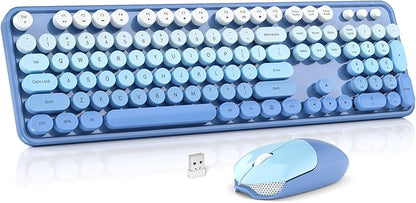 Wireless Keyboard and Mouse Combo, MOWUX Full Size Typewriter Retro Round Computer Keyboard, Cute Optical Mouse Wireless, Plug and Play, for Laptop, PC, Computer-Blue Gradient
