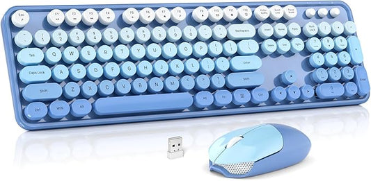 Wireless Keyboard and Mouse Combo, MOWUX Full Size Typewriter Retro Round Computer Keyboard, Cute Optical Mouse Wireless, Plug and Play, for Laptop, PC, Computer-Blue Gradient