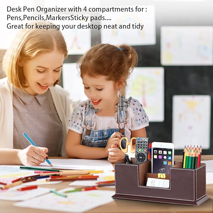 PUSU Desk Pencil Holder, PU Leather Pen Holder for Desk, Executive Desk Organizers and Accessories, Multifunctional Desk Organizer with 4 Compartments Storage Business Card/Pen/Pencil/Phone/Stationery