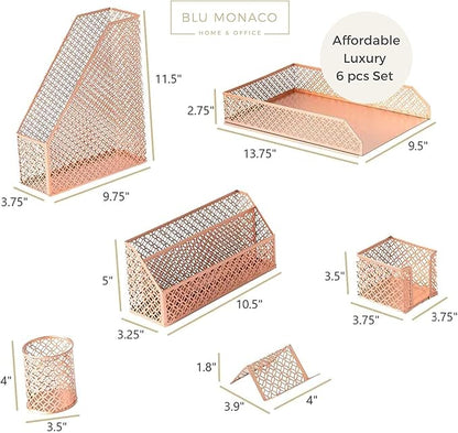BLU MONACO Rose Gold Desk Organizer Set – 6-Piece Desk Accessories for Mail, Sticky Notes, Pens, Magazines & Documents