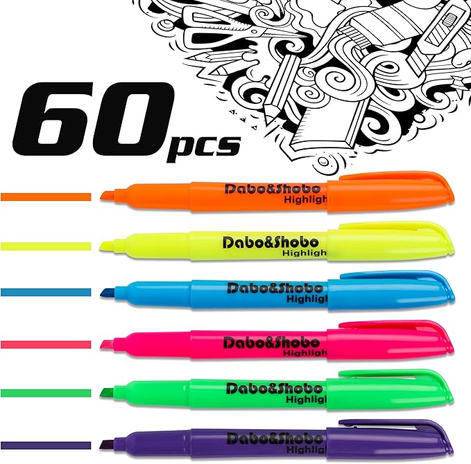 Dabo&Shobo Highlighters, 60 Bulk Pack Highlighter, Assorted Colors, Chisel Tip, Quick Drying For Highlighting