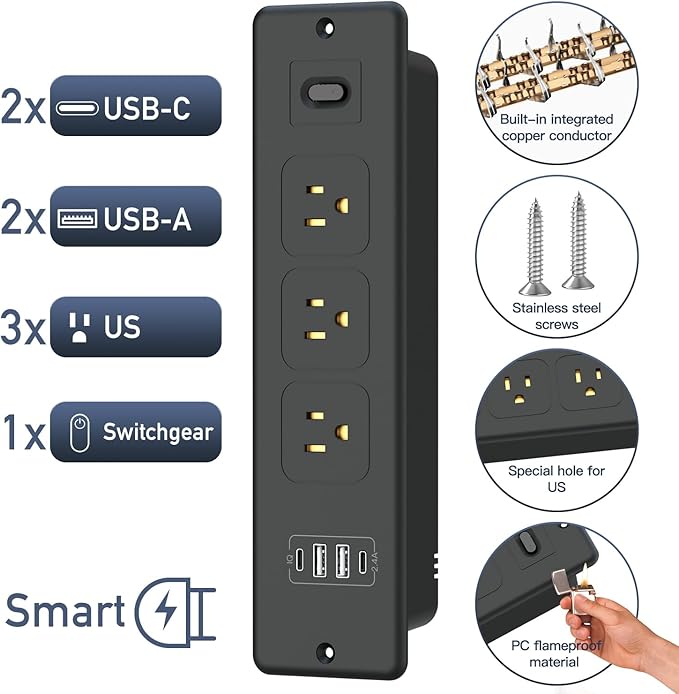 7 in 1 Recessed Power Strip Flat Plug Desk Outlet,3AC Outlets & 4 USB Ports,10FT Bold Extension Cord, Conference Recessed Fuse Surge Protected Power Strip for Home Office (Black-1)