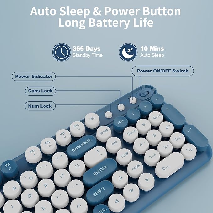 Wireless Keyboard and Mouse,Cute Retro Typewriter Computer Keyboard and Mouse Sets,Full SIze 2.4G Cordless Colorful Round Keycaps Keyboard with Silent Mouse for PC Window Laptop Home Office-White Blue