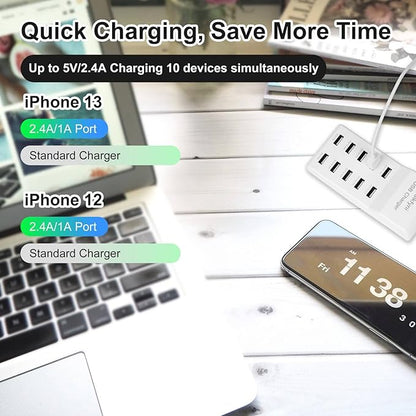 2 Pack 10-Ports USB Charger Station, Power Strips with Surge Protection，Smart USB Charger for Multiple Devices,Smart Watches ，Smart Phones， Tablets for Home,Office,Travel(USB-A Port)