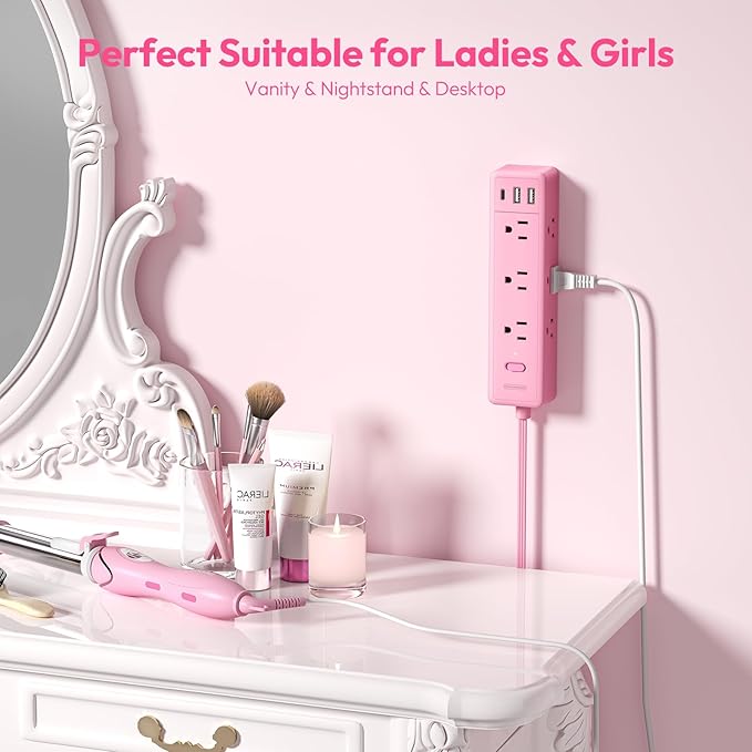 Pink Power Strip, NTONPOWER Surge Protector Power Strip, Cute Pink Extension Cord 5FT, 9 Outlets 3 USB (1 USB C), Mounted, 1080J, Multiple Outlets for Home Office, Kawaii, Desk Accessories, Women