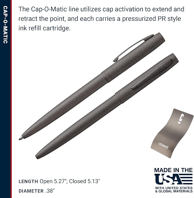 Fisher Space Pen Cap-O-Matic Pen, Ballpoint, Tungsten, Cerakote Finish, Pocket Clip, Black Ink