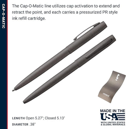 Fisher Space Pen Cap-O-Matic Pen, Ballpoint, Tungsten, Cerakote Finish, Pocket Clip, Black Ink
