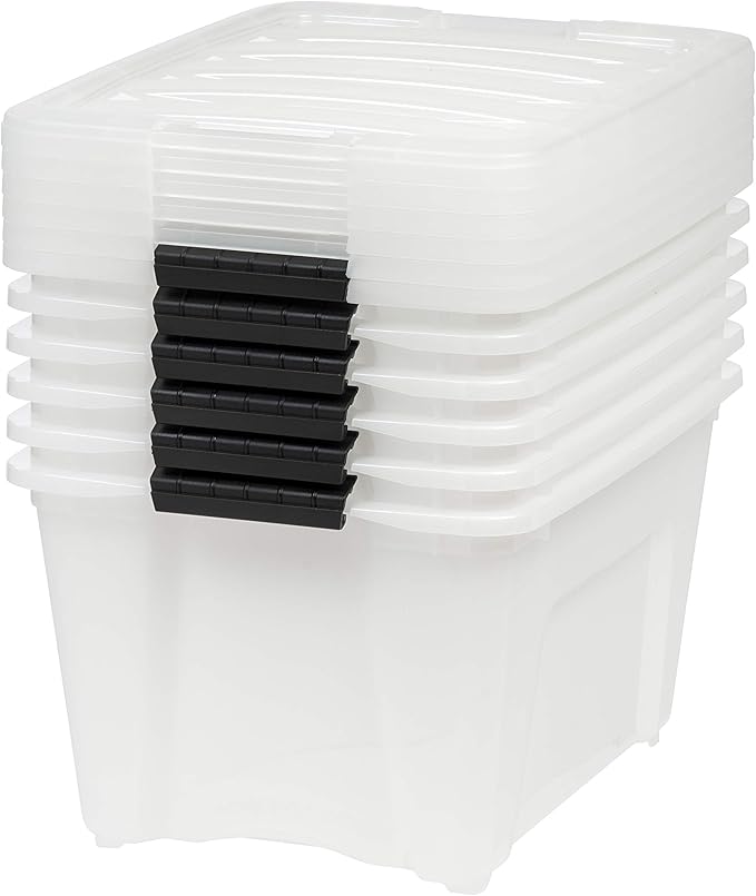 IRIS USA 32 Qt Stackable Plastic Storage Bins with Lids, 6 Pack - BPA-Free, Made in USA - Discreet Organizing Solution, Latches, Durable Nestable Containers, Secure Pull Handle - Pearl