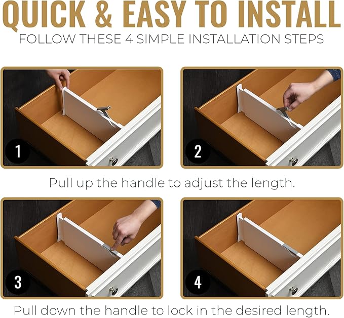 RAPTUROUS Adjustable Deep Drawer Divider – 6" Tall, Expandable 13-22", 4-Pack, Non-Slip Drawer Dividers for Clothes, Dresser, Kitchen & Office Organization (White)