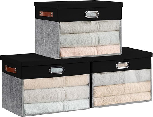 Fabric Clear Window Storage Bins with Lid, Closet Storage Box Linen Closet Baskets with 3 Handles for Organizing Clothing, Jeans, Shelves 17''- 3 Pack (Gray and Black)