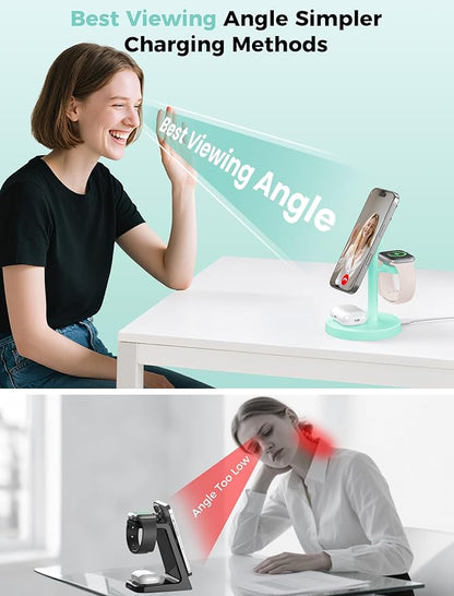 2026 3 in 1 Wireless Charging Station Compatible with MagSafe, 15W Fast Magnetic Mag-Safe Charger Stand for Apple iPhone 17 16 15 14 13 12 iWatch AirPods Pro 4 3 2, LightGreen