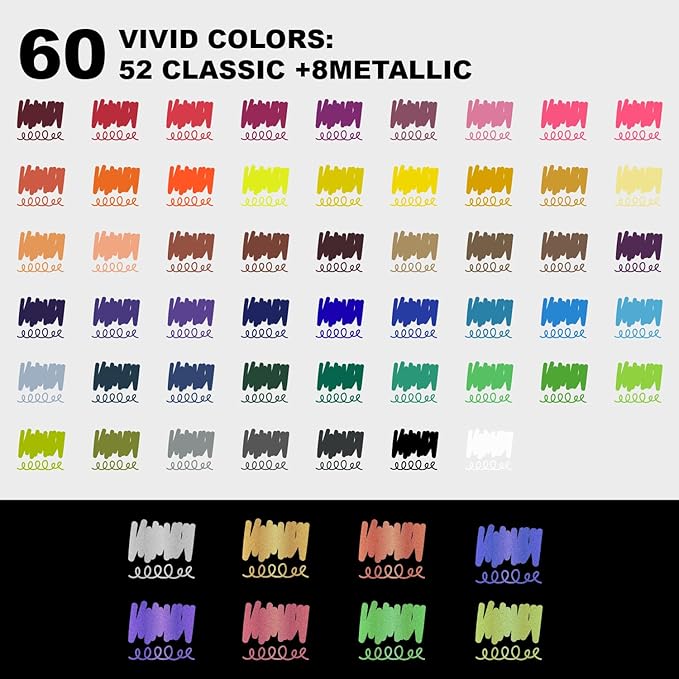 WINSONS 60 Colors Acrylic Paint Markers, Dual Tip with Fine Tip and Brush Tip Pens for Rock Painting Supplies, Canvas, Wood, Calligraphy, Metal, Ceramic, Glass, DIY Crafts Art Supplies Kit