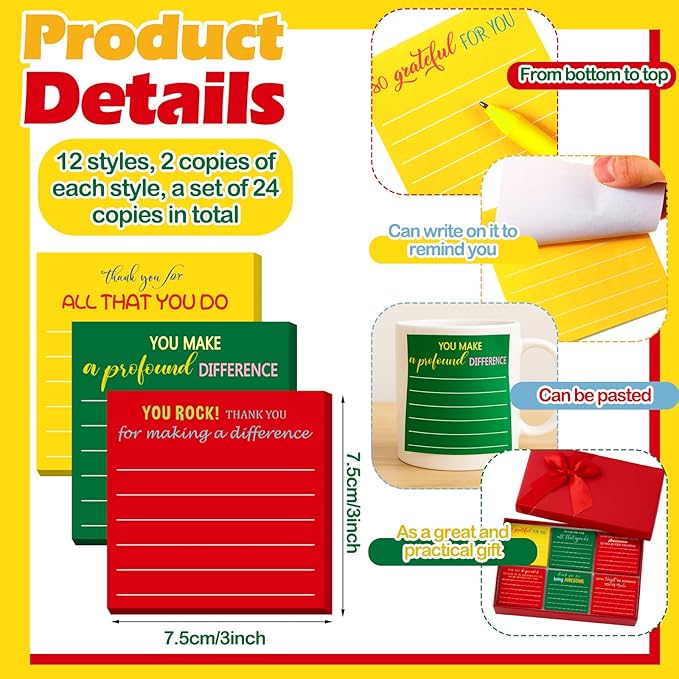 Yinder 24 Pcs Employee Appreciation Sticky Notes Xmas Gift Bulk Motivation Note Pads Mini Inspirational Note Gift for Teacher Nurse Staff Coworker Office Supply 3 x 3'' (Appreciation,Xmas)