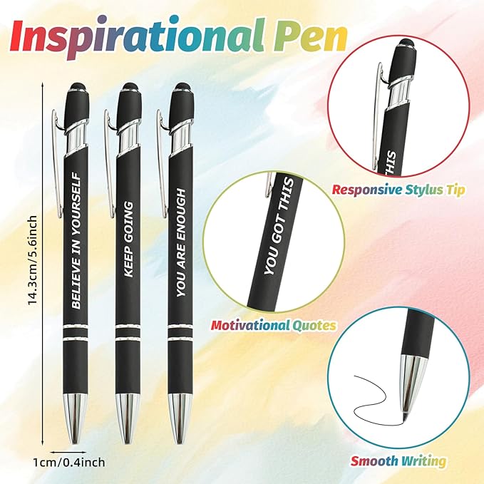 20 Piece Inspirational Pens Kit with Stylus Tip & Sayings – 10 Motivational Pen + 10 Individual Bags – Uplifting Quote & Positive Ideas – For Teachers, Office, School, Meetings, Team Events(Black)