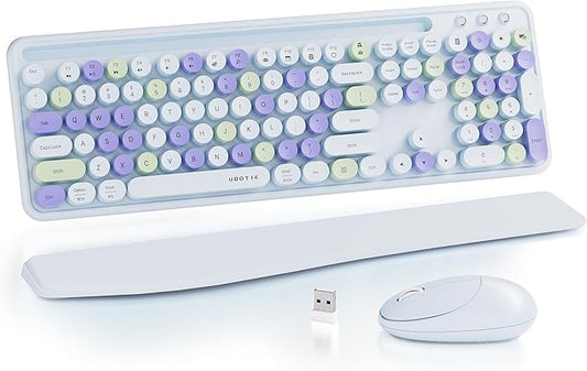 UBOTIE Wireless Keyboard and Mouse Combo with Phone Holder Wrist Rest, Round Colorful Keys, Power Switches, 2.4GHz USB Receiver, Full-Size QWERTY Layout for PC Laptop(Light-Blue)