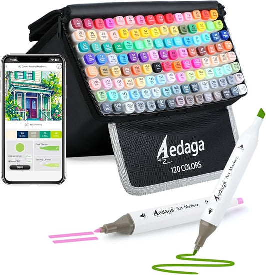 120 Colors Alcohol Markers with Free App, Dual Tip Art Marker with Kickstand Case for Artists Adults and Kids. Alcohol Based Markers for Coloring Painting Sketching and Drawing, Great Gift