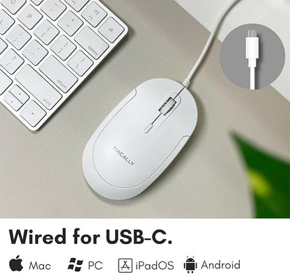 Macally Wired USB C Mouse for Mac and PC - Slim, Quiet, and Reliable - Type C Mouse for MacBook Pro/Air, iMac, Apple iPad, Laptop, Computer Desktop with 3 Button, Scroll Wheel, USBC, and 4 DPI Mode