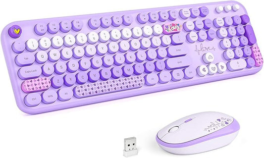 MOFII Wireless Keyboard and Mouse Combo, Full Size 2.4G Plug and Play Typewriter Retro Round Computer Keyboard and Mouse Set for Windows, Computer, Desktop, PC, Notebook - (Purple Colorful)