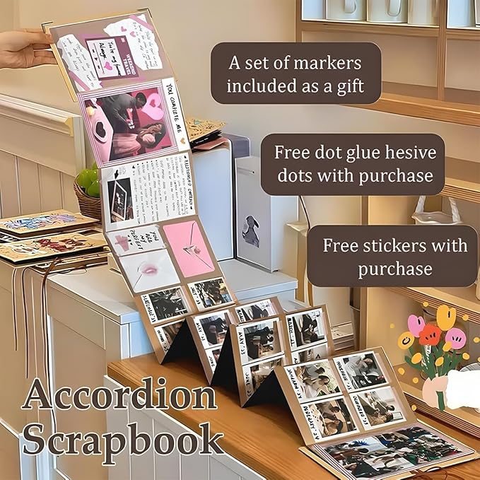 99+ Inch Accordion Foldable Scrapbook Album - Stretchable Foldable Photo Album with DIY Material Kit Handmade Memory Book Gift Set for Scrapbooking Journaling & Gifting(Black)