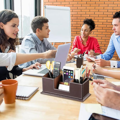 PUSU Desk Pencil Holder, PU Leather Pen Holder for Desk, Executive Desk Organizers and Accessories, Multifunctional Desk Organizer with 4 Compartments Storage Business Card/Pen/Pencil/Phone/Stationery