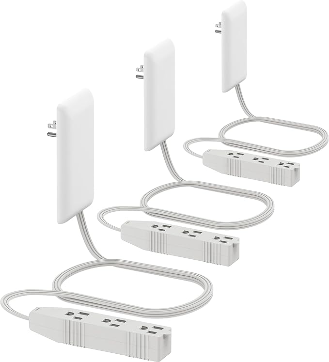 LIDER Flat-Face Outlet Extender with 3 Receptacles, Ultra-Thin Wall Plate Plug with Cord Extender and 3-Outlet Power Strip, 3ft Cord, LWE3-315-W3P, ETL-Listed, White, 3 Pack