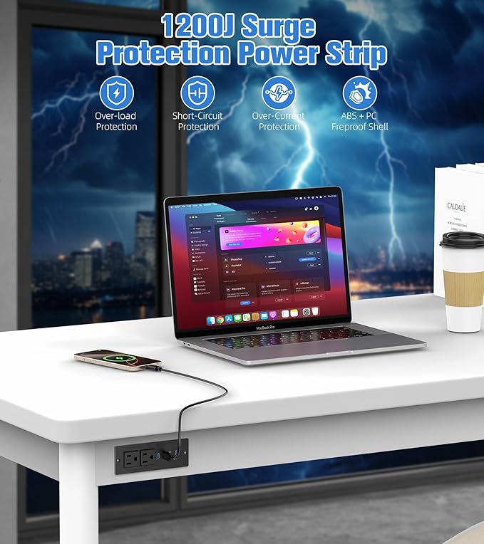 65W Furniture Drawer Outlet, Recessed Outlet with 4 USB Ports & 2 AC Outlets, Recessed Power Strip for Home, Office, 14 AWG-6FT Spring Cord(Black)