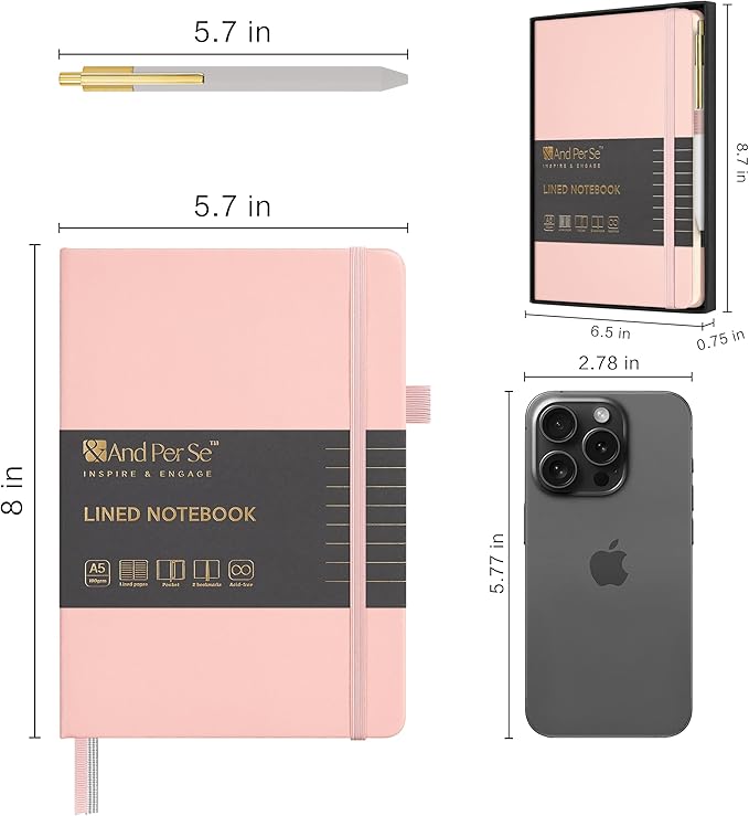 &And Per Se Lined Journal and Pen Set, A5 Leather Journal Stationery Set, 160 Pages 100GSM Thick Paper, Notebook Gift Set (Pink)