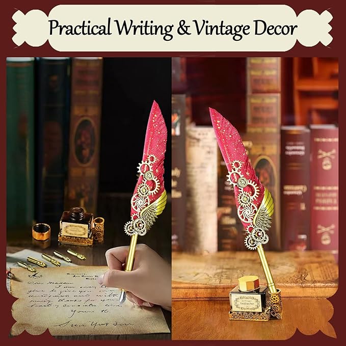 Feather Quill Pen and Ink Set,Antique Calligraphy Set with Leather Journal Notebook,Feather Pen,5 Gold Nibs,Pen Holder,Ink,Calligraphy Kits for Beginners Christmas Gift