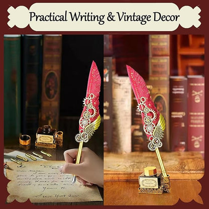 Feather Quill Pen and Ink Set,Antique Calligraphy Set with Leather Journal Notebook,Feather Pen,5 Gold Nibs,Pen Holder,Ink,Calligraphy Kits for Beginners Christmas Gift