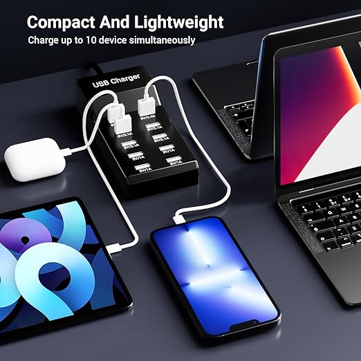 USB Charging Station 50w10A 10-Port Charger, Multiport Charger Hub, Compatible with iPhone, Galaxy, iPad Tablet, and Other Devices（Black）