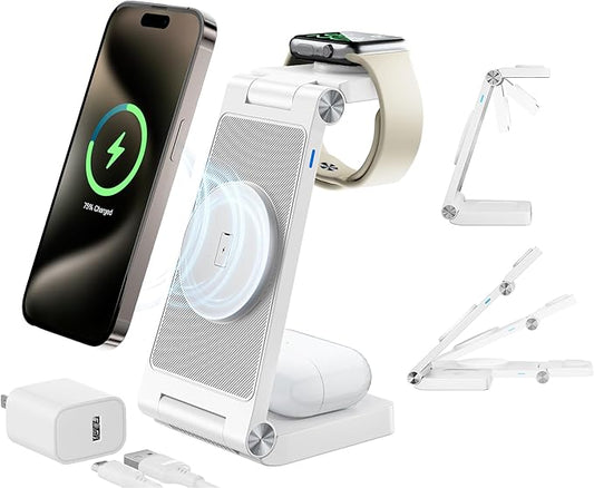 3-in-1 Magnetic Wireless Charging Station - Fast Mag-Safe Charger for iPhone 17 16/15/14/13/12 Pro/Max/Plus, Apple Watch Series & AirPods 4/3/2/Pro - Space-Saving Multi-Device Stand (White)