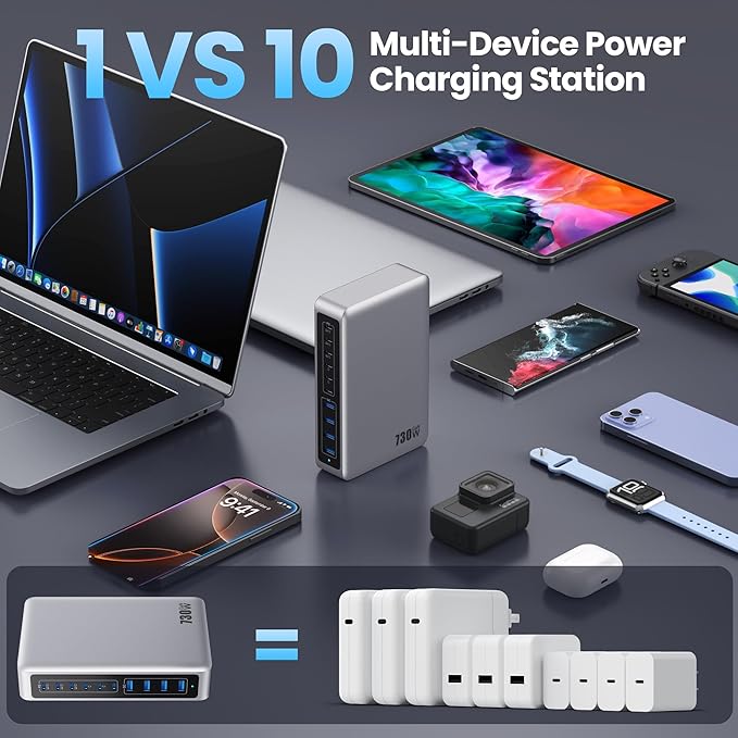 730W USB C Charger Block,GaN IV Fast Charging Station Hub 10 Ports,QC4.0+3 PD 100W USB C Laptop Charger Ports Power Adapter Compatible with MacBook Air/Pro,DELL,iPhone 17/16/15/14/13,iPad,Steam Deck