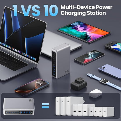 730W USB C Charger Block,GaN IV Fast Charging Station Hub 10 Ports,QC4.0+3 PD 100W USB C Laptop Charger Ports Power Adapter Compatible with MacBook Air/Pro,DELL,iPhone 17/16/15/14/13,iPad,Steam Deck