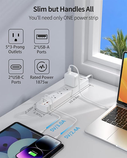 Power Strip Surge Protector with 5 AC Outlets(1875W/15A) 4 USB Ports (2 USB C), 5 Ft Ultra Thin Extension Cord, Low Profile Flat Plug, 1700 Joules, Wall Mount for Home Office, White