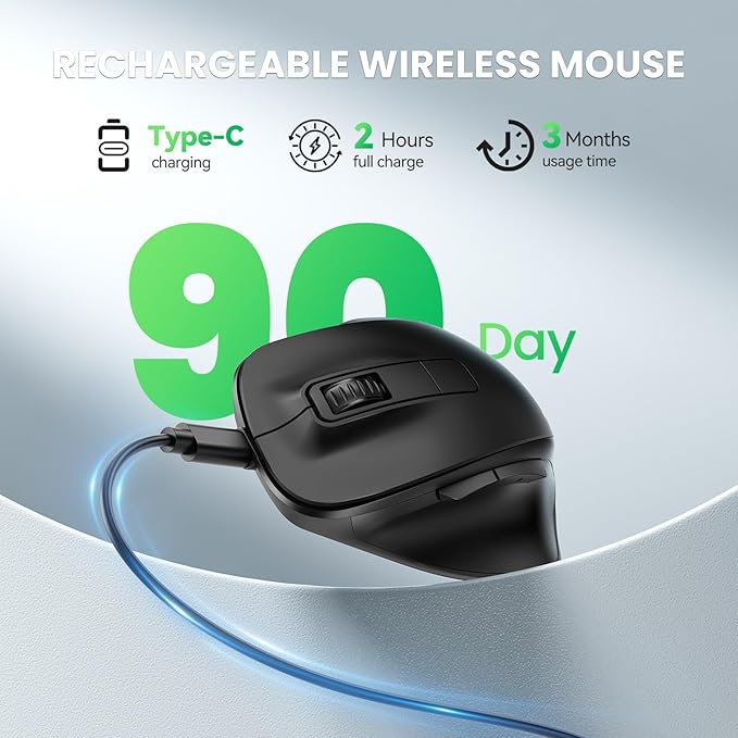 TECKNET Wireless Mouse, Bluetooth Mouse (BT5.0/3.0 & 2.4G) Rechargeable 4800 DPI Silent Mice, Computer Mice with USB A Receiver,Large Sized Ergo Grips Optical Cordless Mice for Laptop/Mac/PC,Black